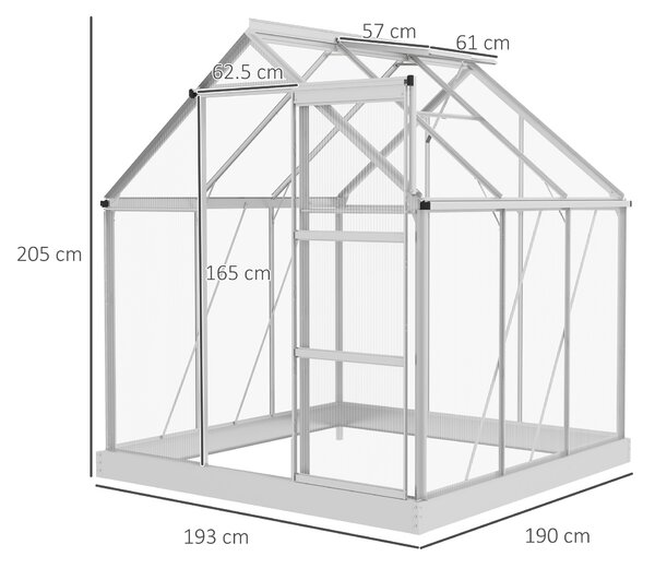 Outsunny 6 x 6ft Walk-In Greenhouse, Polycarbonate Greenhouse with Sliding Door, Window, Aluminium Frame, Foundation, Silver