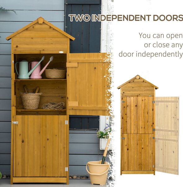 Outsunny Wooden Garden Storage Shed Utility Gardener Cabinet w/ 3 Shelves and 2 Door, 191.5cm x 79cm x 49cm, Natural Wood Effect