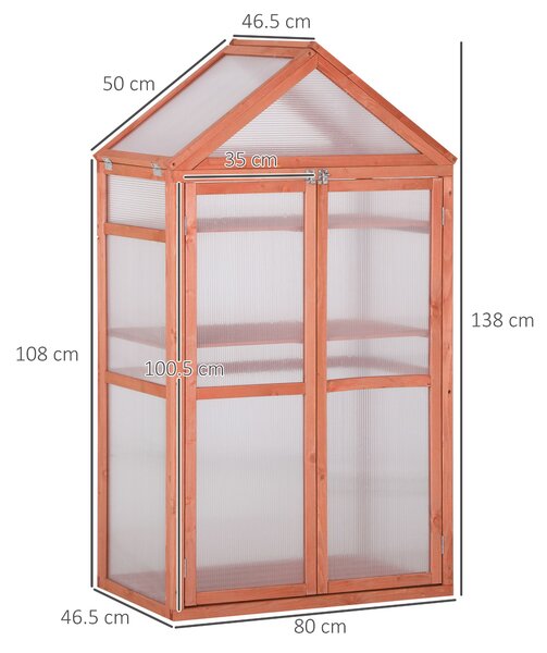 Outsunny 3-Tier Wooden Cold Frame Greenhouse Garden Polycarbonate Grow House w/ Adjustable Shelves, Double Doors, 80 x 47 x 138 cm, Orange