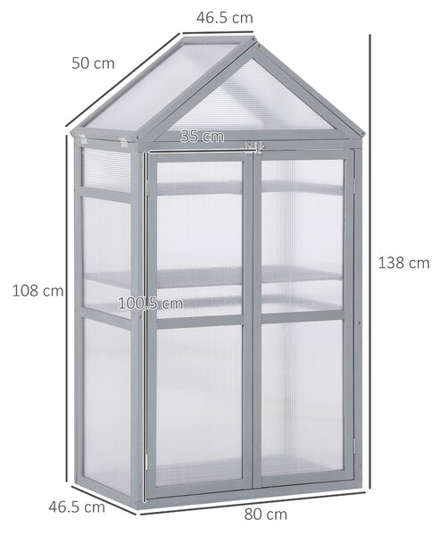 Outsunny 3-Tier Wooden Cold Frame Greenhouse Garden Polycarbonate Grow House w/ Adjustable Shelves, Double Doors, 80 x 47 x 138cm, Grey