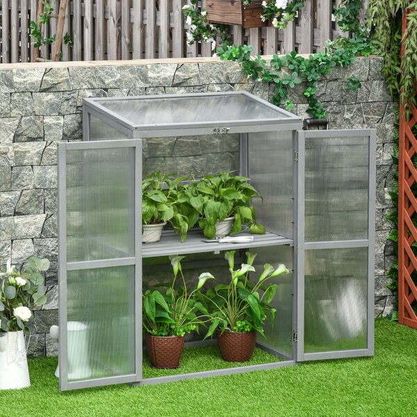 Outsunny Polycarbonate Cold Frame Greenhouse: Wooden Grow House with Adjustable Shelf & Double Doors, Slate Grey Aosom UK