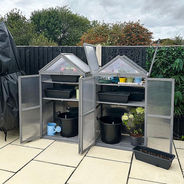 Outsunny 3-Tier Wooden Cold Frame Greenhouse Garden Polycarbonate Grow House w/ Adjustable Shelves, Double Doors, 80 x 47 x 138cm, Grey