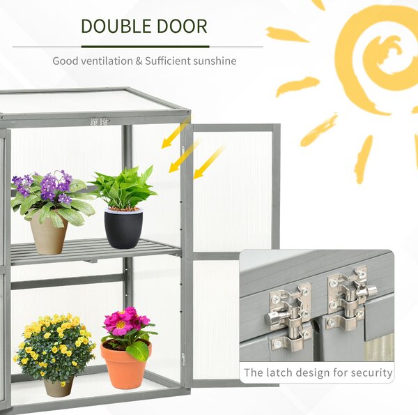 Outsunny Polycarbonate Cold Frame Greenhouse: Wooden Grow House with Adjustable Shelf & Double Doors, Slate Grey Aosom UK