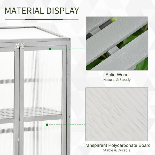 Outsunny Polycarbonate Cold Frame Greenhouse: Wooden Grow House with Adjustable Shelf & Double Doors, Slate Grey Aosom UK