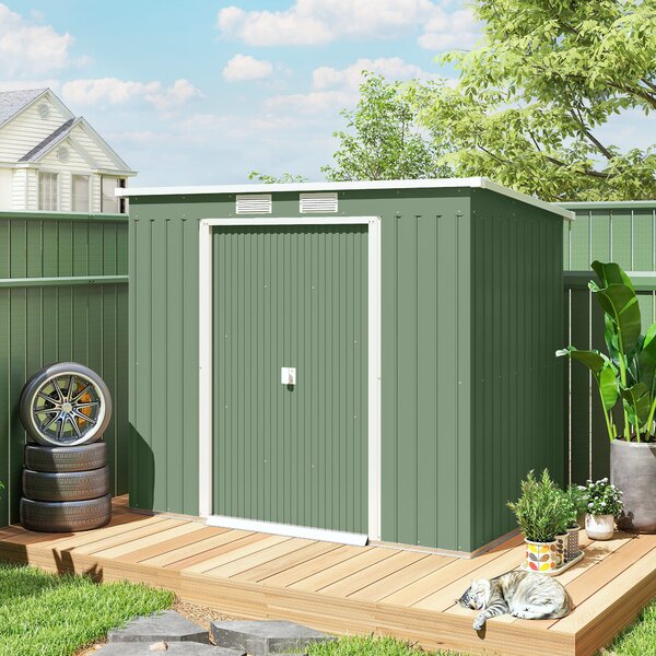 Outsunny Pend Garden Storage Shed w/ Foundation Double Door Ventilation Window Sloped Roof Equipment Tool Storage 213 x 130 x 173 cm Aosom UK