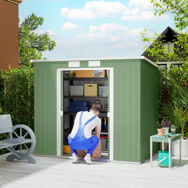 Outsunny Pend Garden Storage Shed w/ Foundation Double Door Ventilation Window Sloped Roof Equipment Tool Storage 213 x 130 x 173 cm Aosom UK
