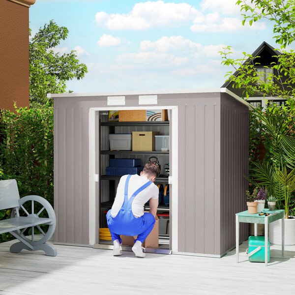 Outsunny Outdoor Garden Metal Equipment Tool Storage Shed w/ Foundation, Double Door, Vents and Sloped Roof, Grey