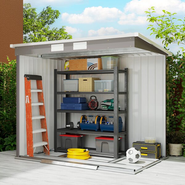 Outsunny Outdoor Garden Metal Equipment Tool Storage Shed w/ Foundation, Double Door, Vents and Sloped Roof, Grey