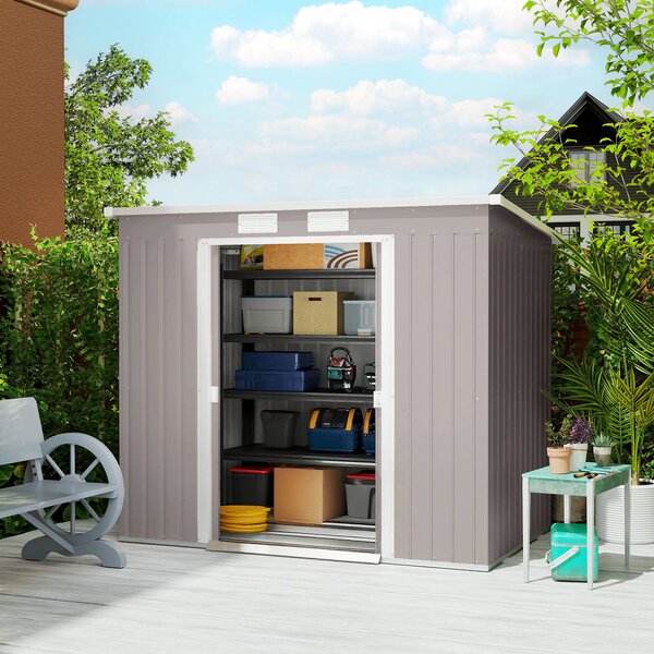 Outsunny Outdoor Garden Metal Equipment Tool Storage Shed w/ Foundation, Double Door, Vents and Sloped Roof, Grey