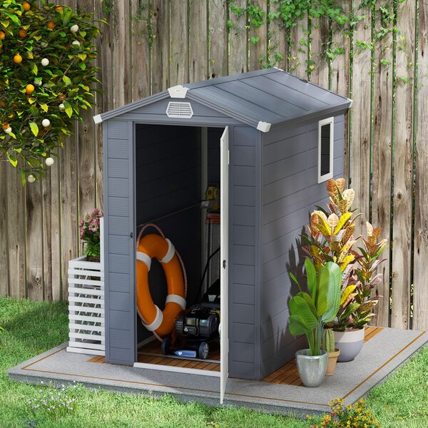 Outsunny 4.4 x 6.2ft Plastic Storage Sheds with Aluminium Frame, Plastic Wall Shed with Foundation, Grey Aosom UK