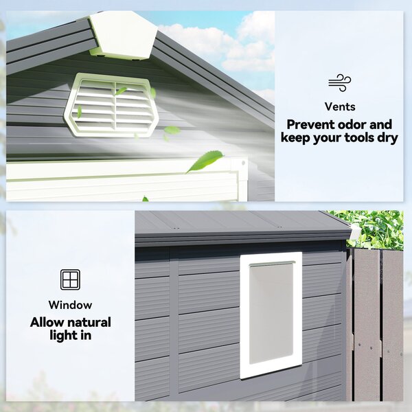 Outsunny 4.4 x 6.2ft Plastic Storage Sheds with Aluminium Frame, Plastic Wall Shed with Foundation, Grey Aosom UK