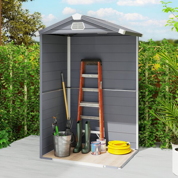 Outsunny 4 x 3ft Garden Shed with Foundation Kit, Polypropylene Outdoor Storage Tool House with Ventilation Slots and Lockable Door, Grey Aosom UK