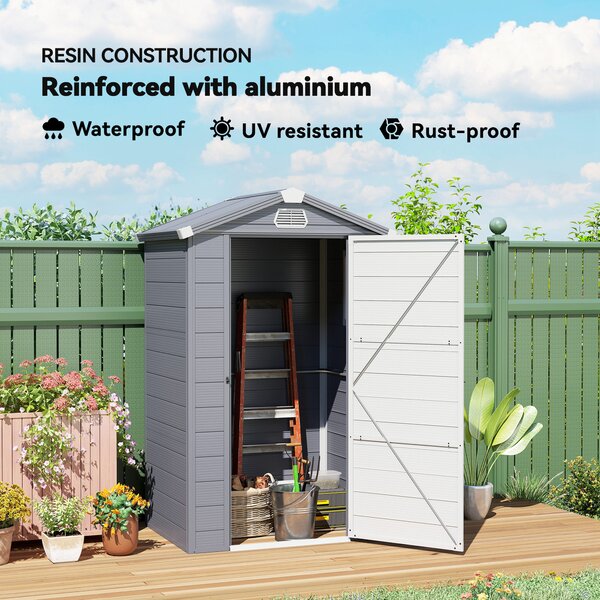 Outsunny 4 x 3ft Garden Shed with Foundation Kit, Polypropylene Outdoor Storage Tool House with Ventilation Slots and Lockable Door, Grey Aosom UK