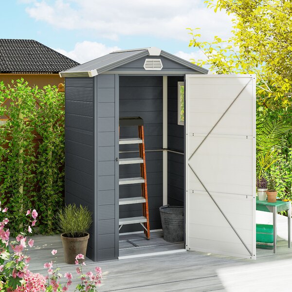 Outsunny 4 x 3ft Garden Shed with Foundation Kit, Polypropylene Outdoor Storage Tool House with Ventilation Slots and Lockable Door, Grey Aosom UK