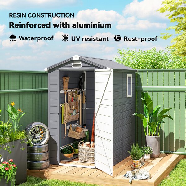 Outsunny 4.4 x 6.2ft Plastic Storage Sheds with Aluminium Frame, Plastic Wall Shed with Foundation, Grey Aosom UK