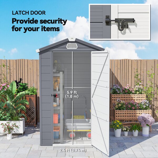 Outsunny 4.4 x 6.2ft Plastic Storage Sheds with Aluminium Frame, Plastic Wall Shed with Foundation, Grey Aosom UK