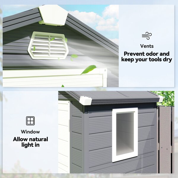 Outsunny 4 x 3ft Garden Shed with Foundation Kit, Polypropylene Outdoor Storage Tool House with Ventilation Slots and Lockable Door, Grey Aosom UK
