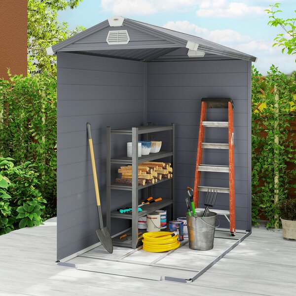Outsunny 4.4 x 6.2ft Plastic Storage Sheds with Aluminium Frame, Plastic Wall Shed with Foundation, Grey Aosom UK