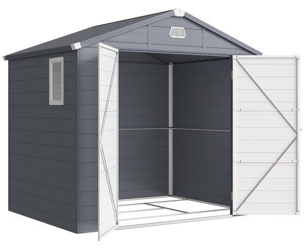Outsunny 8 x 6ft Garden Shed with Foundation Kit, Polypropylene Outdoor Storage Tool House with Ventilation Slots and Lockable Door, Grey