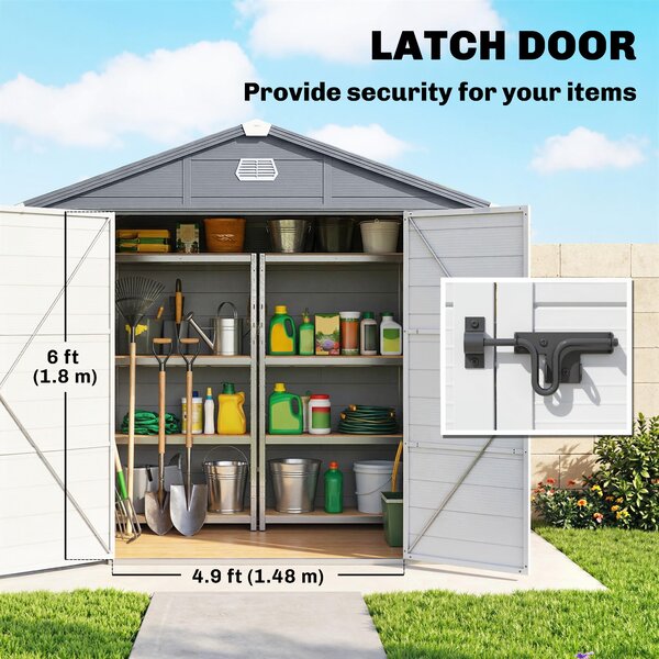 Outsunny 8 x 6ft Garden Shed with Foundation Kit, Polypropylene Outdoor Storage Tool House with Ventilation Slots and Lockable Door, Grey