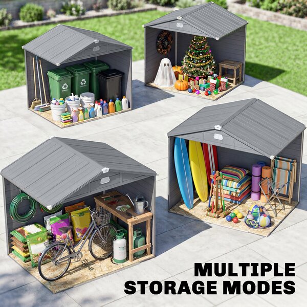 Outsunny 8 x 6ft Garden Shed with Foundation Kit, Polypropylene Outdoor Storage Tool House with Ventilation Slots and Lockable Door, Grey