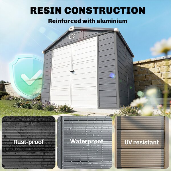 Outsunny 8 x 6ft Garden Shed with Foundation Kit, Polypropylene Outdoor Storage Tool House with Ventilation Slots and Lockable Door, Grey