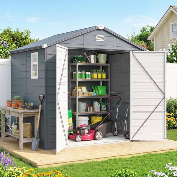 Outsunny 8 x 6ft Garden Shed with Foundation Kit, Polypropylene Outdoor Storage Tool House with Ventilation Slots and Lockable Door, Grey