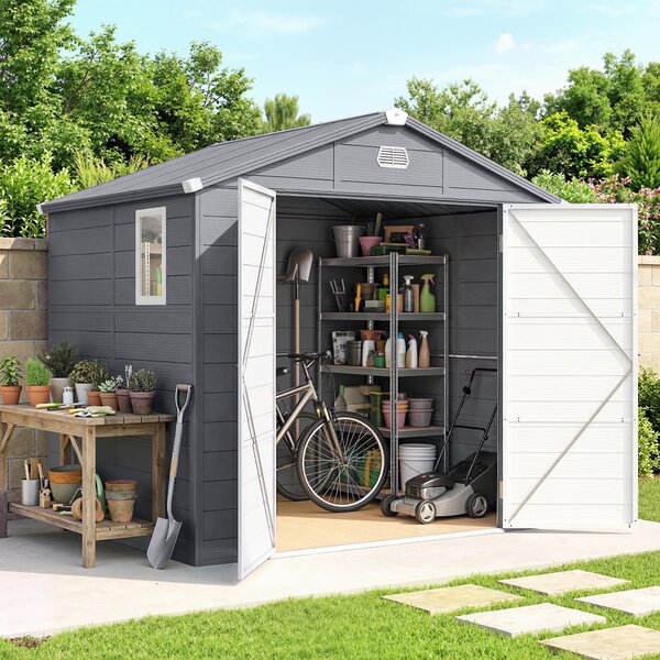 Outsunny 8 x 6ft Garden Shed with Foundation Kit, Polypropylene Outdoor Storage Tool House with Ventilation Slots and Lockable Door, Grey