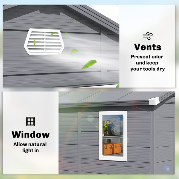Outsunny 8 x 6ft Garden Shed with Foundation Kit, Polypropylene Outdoor Storage Tool House with Ventilation Slots and Lockable Door, Grey