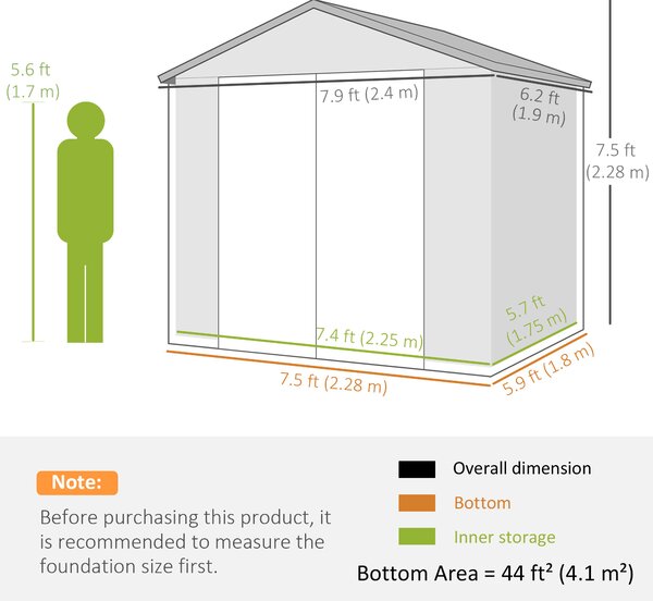 Outsunny 8 x 6ft Garden Shed with Foundation Kit, Polypropylene Outdoor Storage Tool House with Ventilation Slots and Lockable Door, Grey
