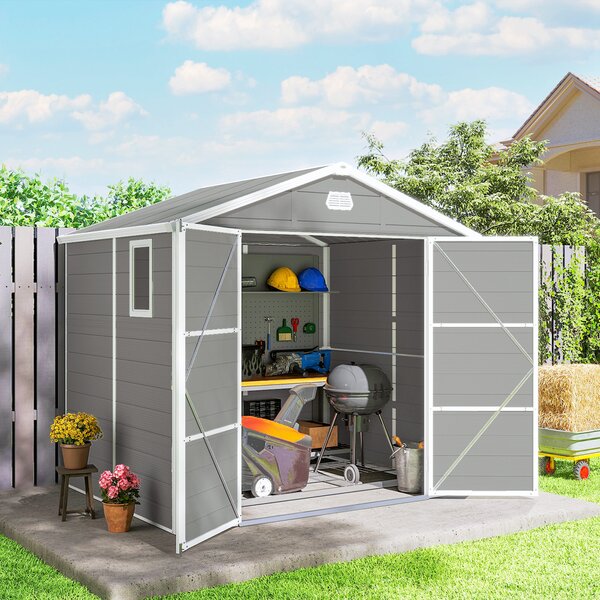 Outsunny 7.9ft x 6.2ft Storage Garden shed with Aluminium Frame and Galvanised Foundation Kit, Windproof, Snowproof & Waterproof, Grey Aosom UK