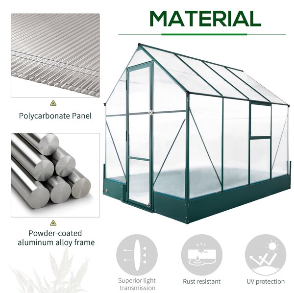 Outsunny Garden Walk-in Aluminium Greenhouse Polycarbonate with Plant Bed ,Temperature Controlled Window, Foundation, 6 x 8ft