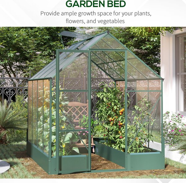 Outsunny Garden Walk-in Aluminium Greenhouse Polycarbonate with Plant Bed ,Temperature Controlled Window, Foundation, 6 x 8ft