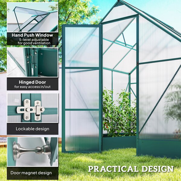 Outsunny Garden Walk in Greenhouse Polycarbonate Greenhouse with Plant Bed , Temperature Controlled Window, Foundation, 6 x 6ft Aosom UK
