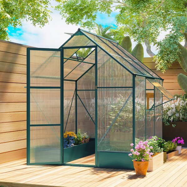 Outsunny Garden Walk in Greenhouse Polycarbonate Greenhouse with Plant Bed , Temperature Controlled Window, Foundation, 6 x 6ft Aosom UK