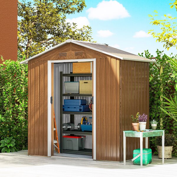Outsunny Metal Garden Sheds, 6.5 x 3.5ft Galvanised Steel Shed with Double-door and Four Vents, Wood Effect Aosom UK