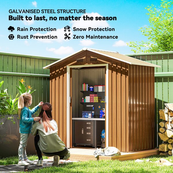 Outsunny Metal Garden Sheds, 6.5 x 3.5ft Galvanised Steel Shed with Double-door and Four Vents, Wood Effect Aosom UK