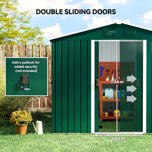 Outsunny Large Garden Storage Shed 7.7 x 5.7 Metal Garden Storage Shed with Ventilation Slots and Sliding Doors, Green Aosom UK
