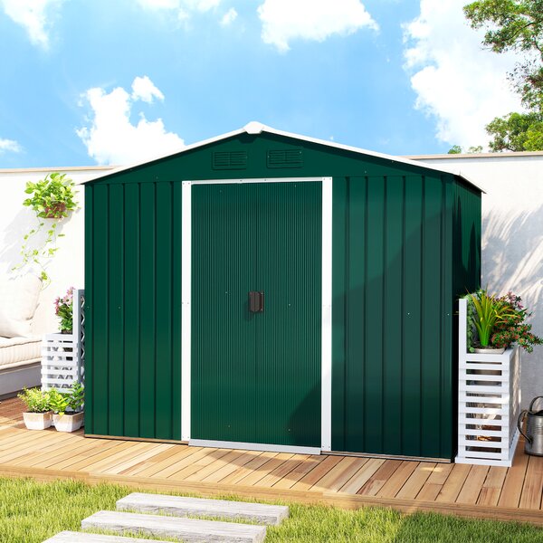 Outsunny Large Garden Storage Shed 7.7 x 5.7 Metal Garden Storage Shed with Ventilation Slots and Sliding Doors, Green Aosom UK