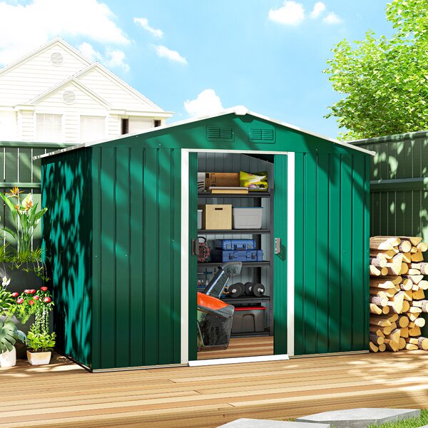 Outsunny Large Garden Storage Shed 7.7 x 5.7 Metal Garden Storage Shed with Ventilation Slots and Sliding Doors, Green Aosom UK