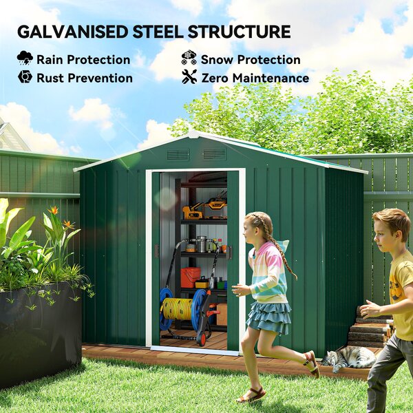 Outsunny Large Garden Storage Shed 7.7 x 5.7 Metal Garden Storage Shed with Ventilation Slots and Sliding Doors, Green Aosom UK