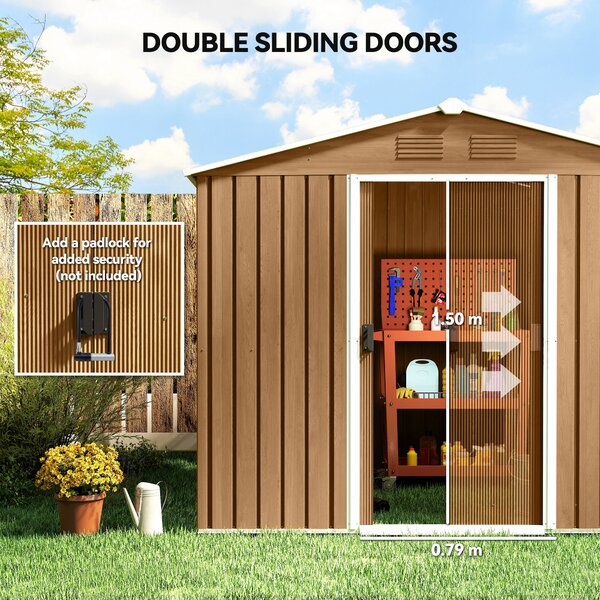 Outsunny 8x6 Metal Storage Shed Galvanised Steel Frame Garden Storage Shed with Sloped Roof, Double Door for Homeowners, Brown Aosom UK