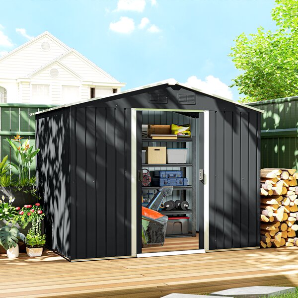 Outsunny 8 x 6ft Garden Storage Shed Double Door Ventilation Windows Sloped Roof Outdoor Equipment Tool, Grey