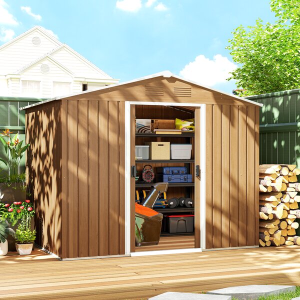 Outsunny 8x6 Metal Storage Shed Galvanised Steel Frame Garden Storage Shed with Sloped Roof, Double Door for Homeowners, Brown Aosom UK