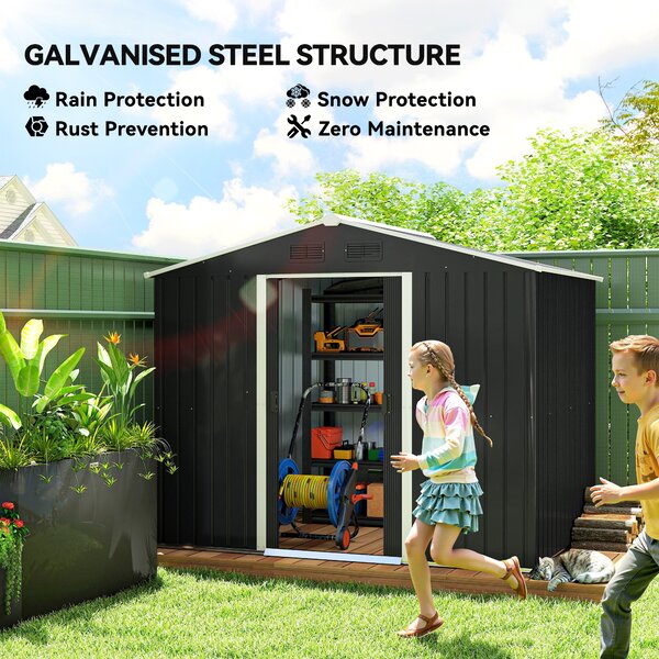 Outsunny 8 x 6ft Garden Storage Shed Double Door Ventilation Windows Sloped Roof Outdoor Equipment Tool, Grey