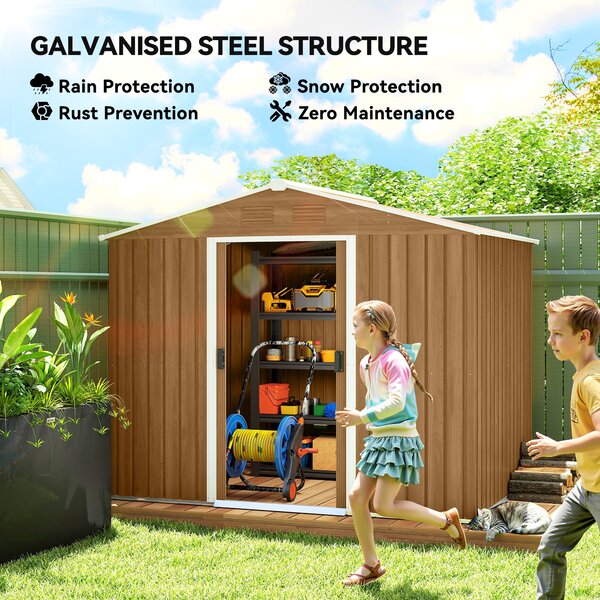 Outsunny 8x6 Metal Storage Shed Galvanised Steel Frame Garden Storage Shed with Sloped Roof, Double Door for Homeowners, Brown Aosom UK