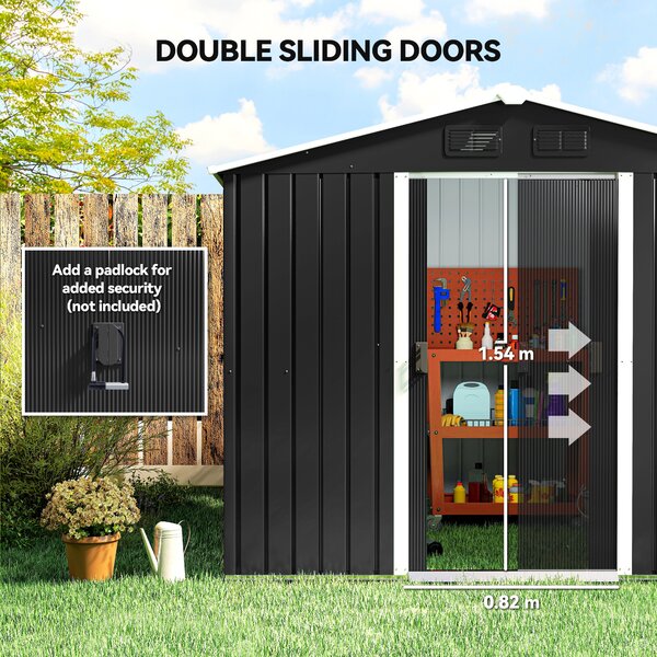 Outsunny 8 x 6ft Garden Storage Shed Double Door Ventilation Windows Sloped Roof Outdoor Equipment Tool, Grey