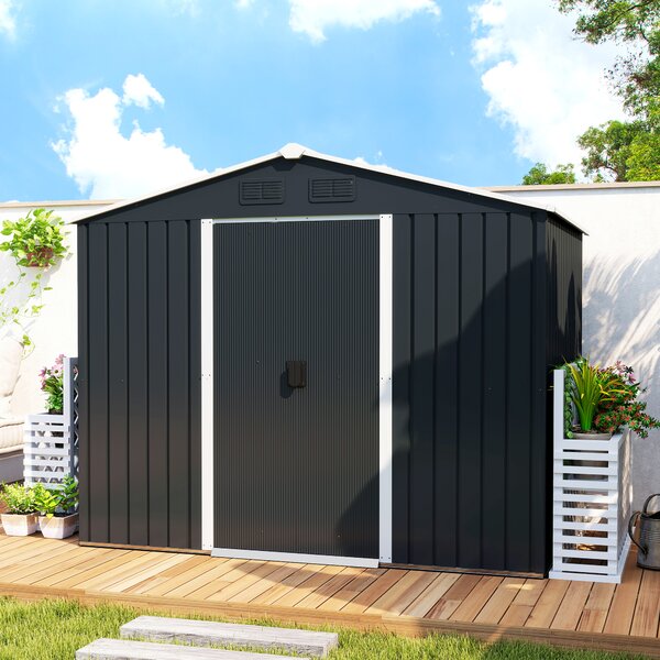 Outsunny 8 x 6ft Garden Storage Shed Double Door Ventilation Windows Sloped Roof Outdoor Equipment Tool, Grey