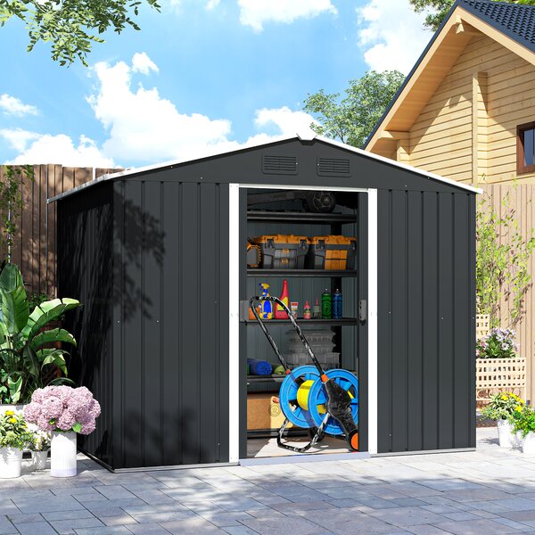 Outsunny 8 x 6ft Garden Storage Shed Double Door Ventilation Windows Sloped Roof Outdoor Equipment Tool, Grey