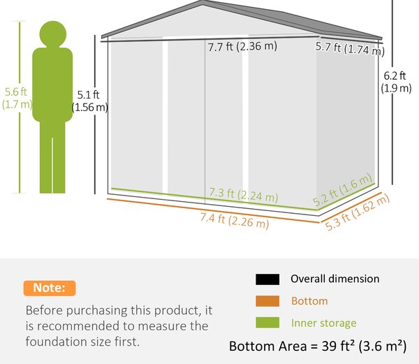 Outsunny Garden Storage Shed, Metal Garden Tool Shed with Ventilation and Sliding Doors, 7.7 x 5.7ft, Light Grey Aosom UK
